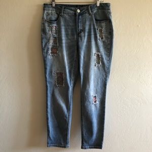 Baccini Distress Patch Embellished Straight Jeans